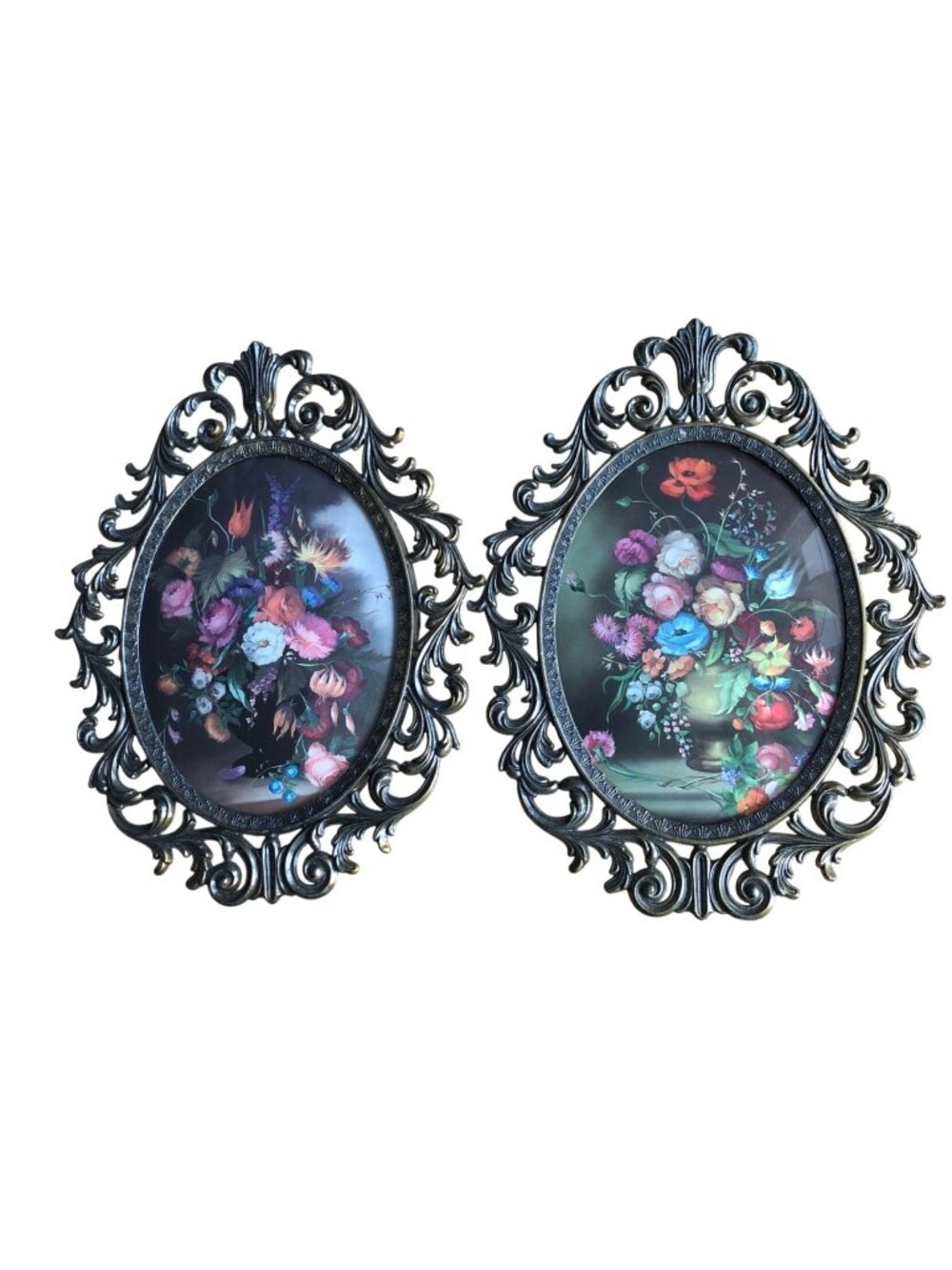 Vintage Italian Floral Wall Art Set With Ornate Frames - Oval Shaped - Made In I